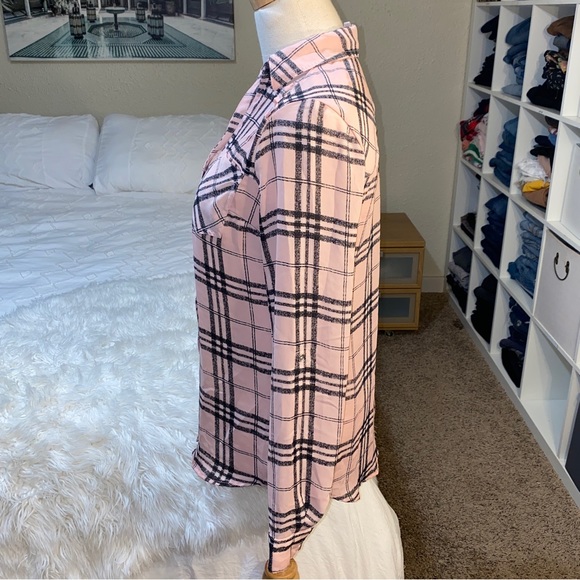 Candie’s | Pink Plaid Lightweight Sheer Flannel Button Ip Top Cutout Shoulders - Picture 2 of 13